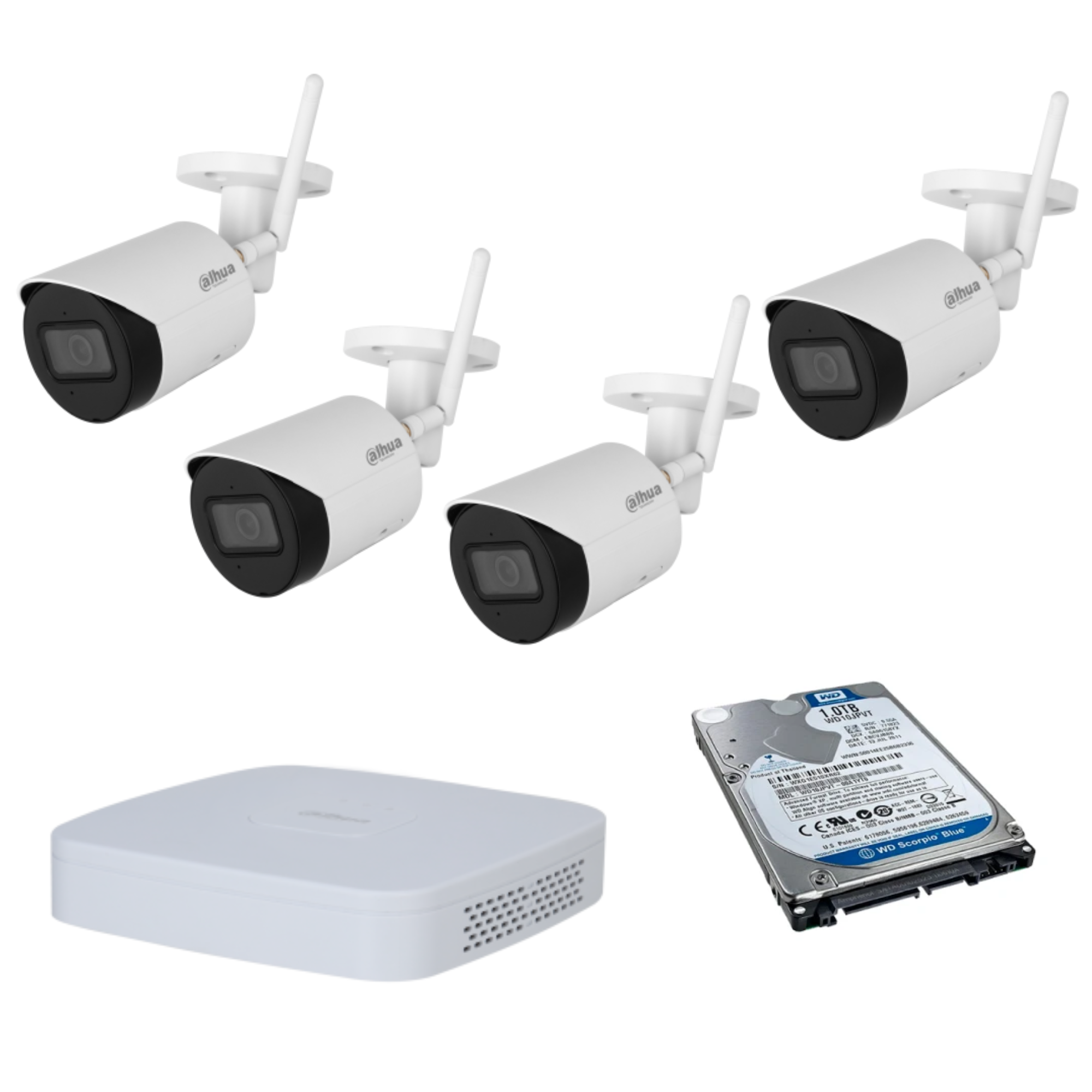 KIT Wifi NVR Dahua 4 Canales DHI-NVR2104-S3 Camara DH-IPC-HFW1230DSN-SAW Disco 1TB mini (incluyen fuentes de poder)